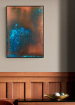 Load image into Gallery viewer, Wall art decor oxidized brass with blue shades hanging on wall in wooden room with brass bowl on table 
